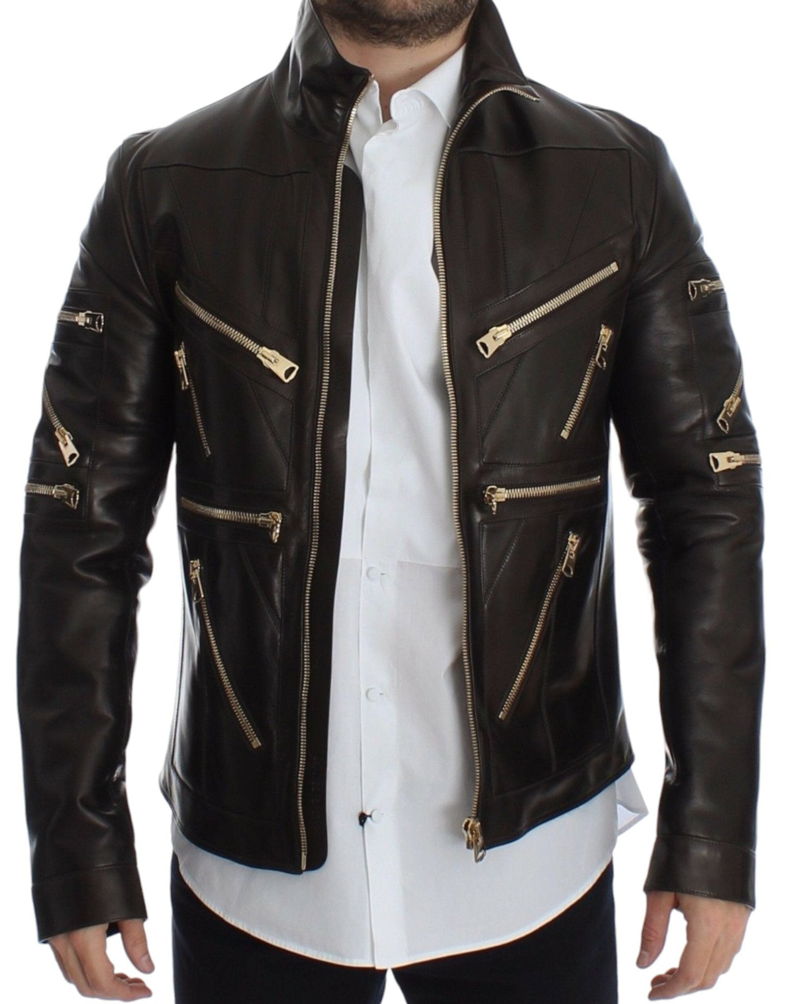 Dolce & Gabbana Elegant Brown Gold - Detailed Leather Jacket - Sandy Store ByNet