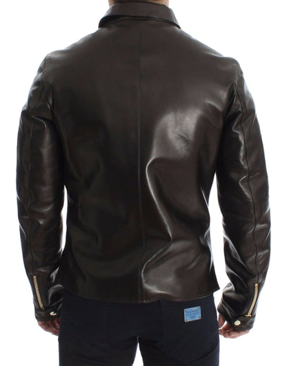 Dolce & Gabbana Elegant Brown Gold - Detailed Leather Jacket - Sandy Store ByNet