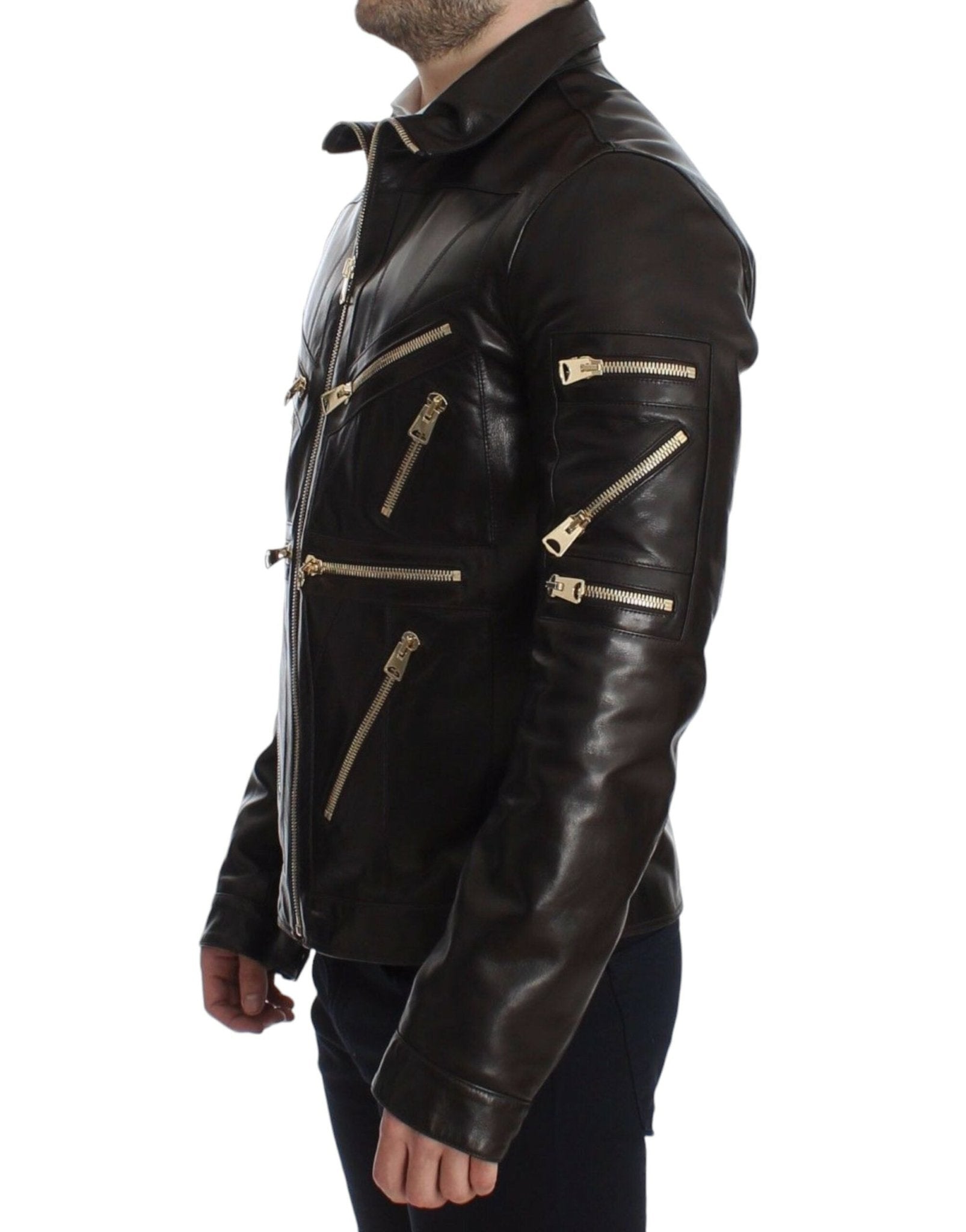 Dolce & Gabbana Elegant Brown Gold - Detailed Leather Jacket - Sandy Store ByNet