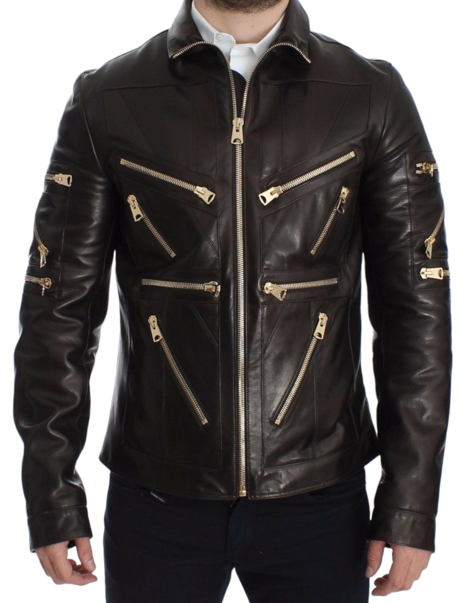 Dolce & Gabbana Elegant Brown Gold - Detailed Leather Jacket - Sandy Store ByNet