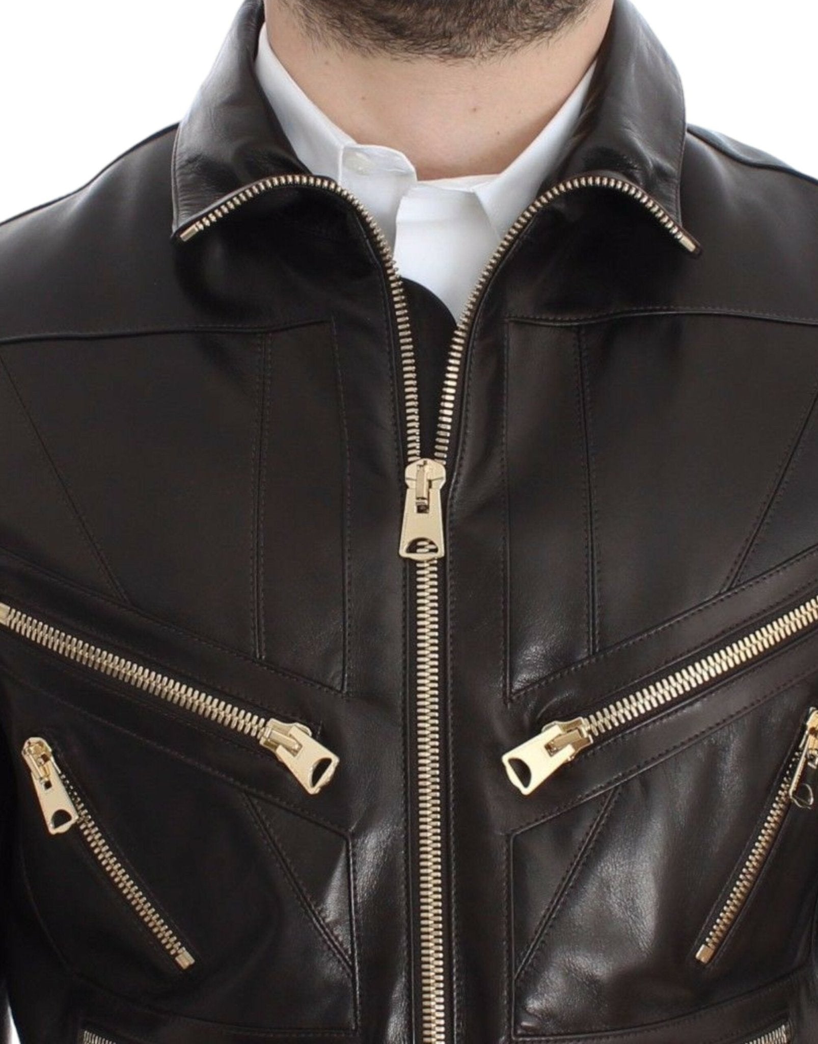 Dolce & Gabbana Elegant Brown Gold - Detailed Leather Jacket - Sandy Store ByNet