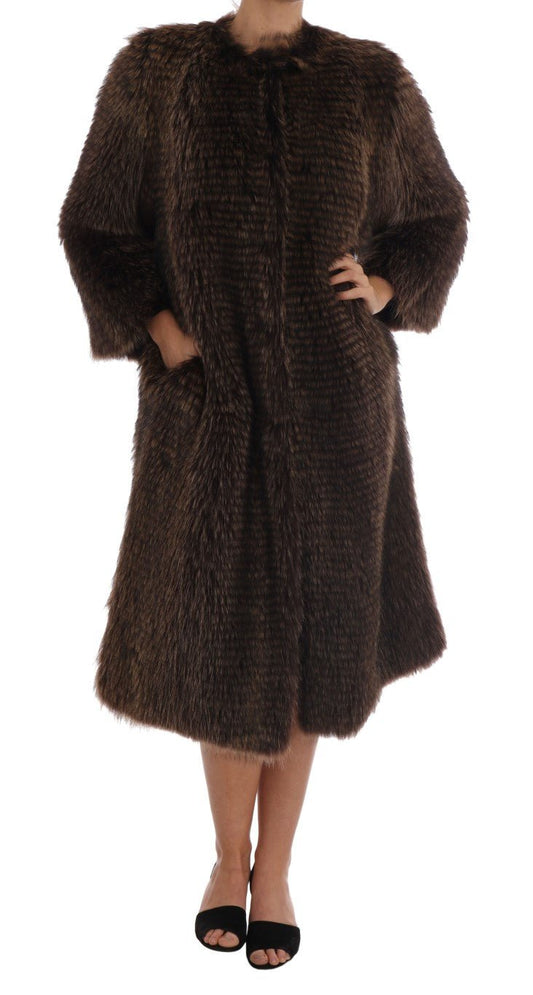 Dolce & Gabbana Elegant Brown Raccoon Fur Knee - Length Coat - Sandy Store ByNet