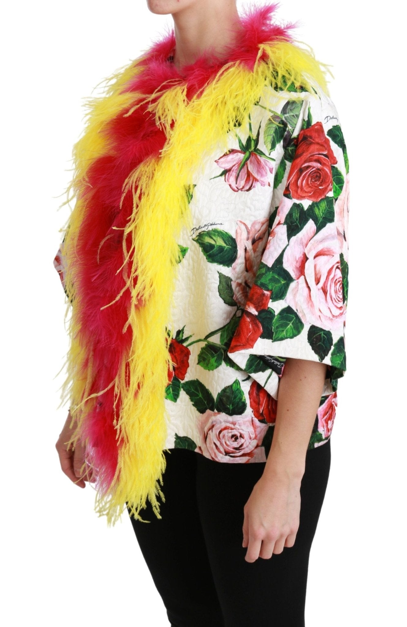 Dolce & Gabbana Elegant Floral Cape Jacket with Fur Details - Sandy Store ByNet