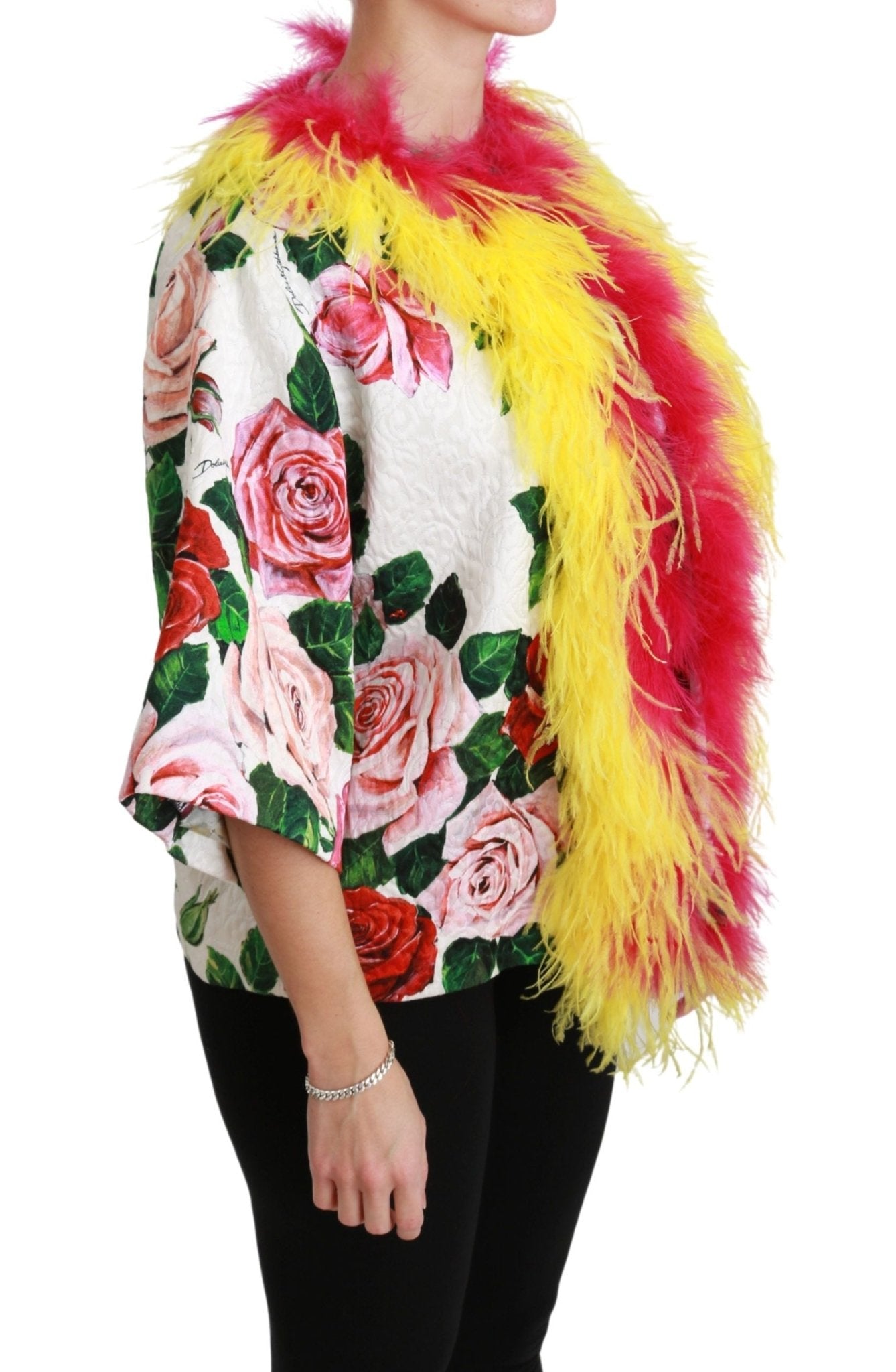 Dolce & Gabbana Elegant Floral Cape Jacket with Fur Details - Sandy Store ByNet
