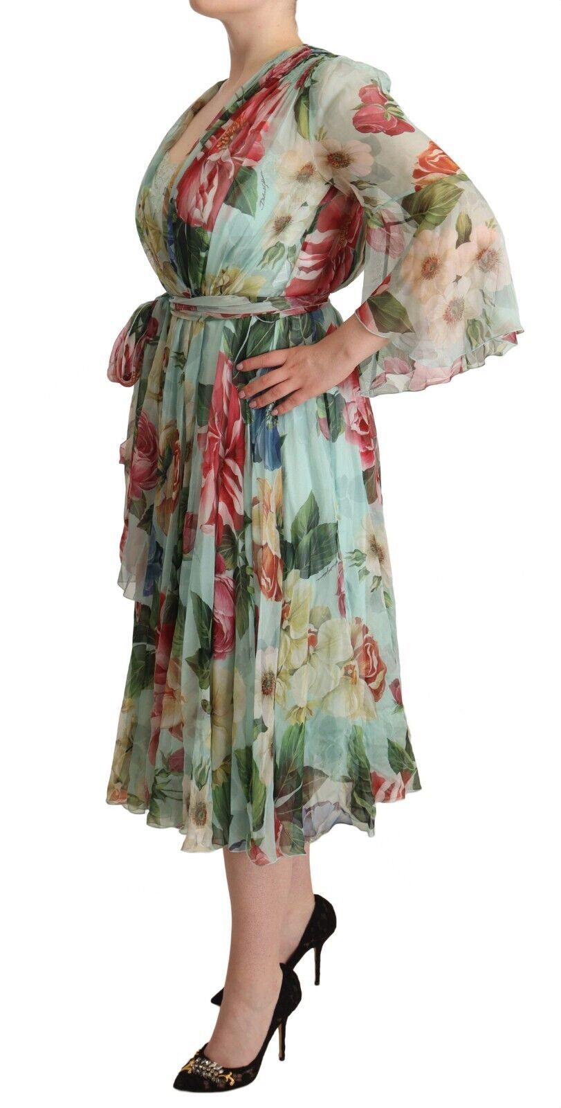 Dolce & Gabbana Elegant Floral Green Midi Silk Dress - Sandy Store ByNet