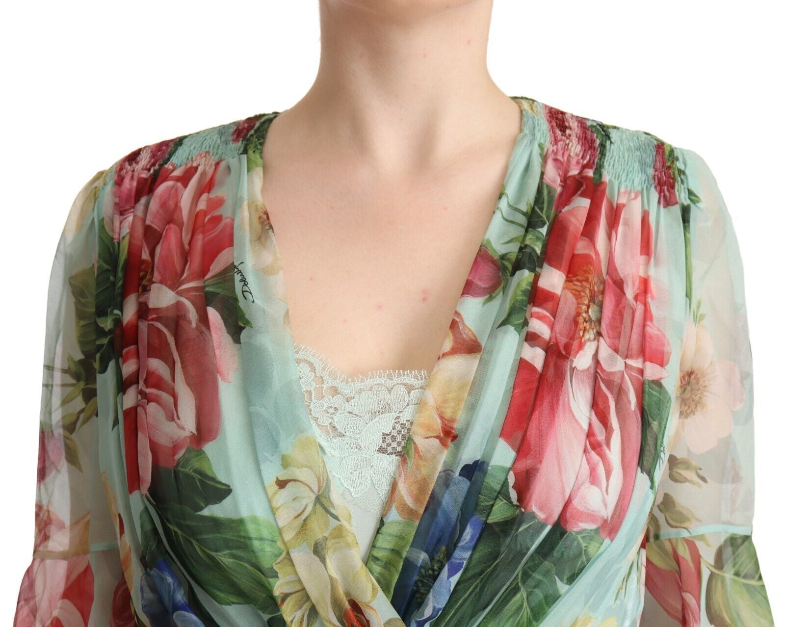 Dolce & Gabbana Elegant Floral Green Midi Silk Dress - Sandy Store ByNet