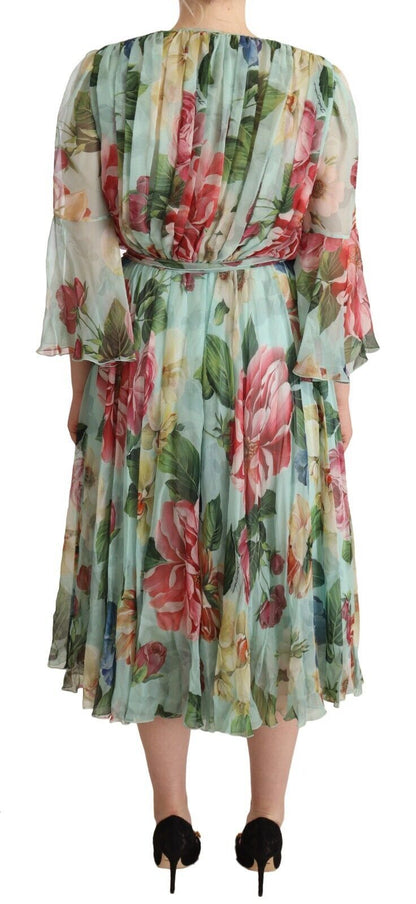 Dolce & Gabbana Elegant Floral Green Midi Silk Dress - Sandy Store ByNet