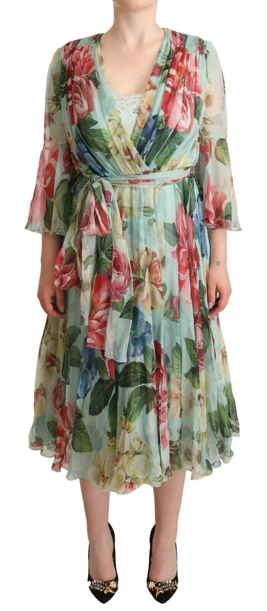 Dolce & Gabbana Elegant Floral Green Midi Silk Dress - Sandy Store ByNet