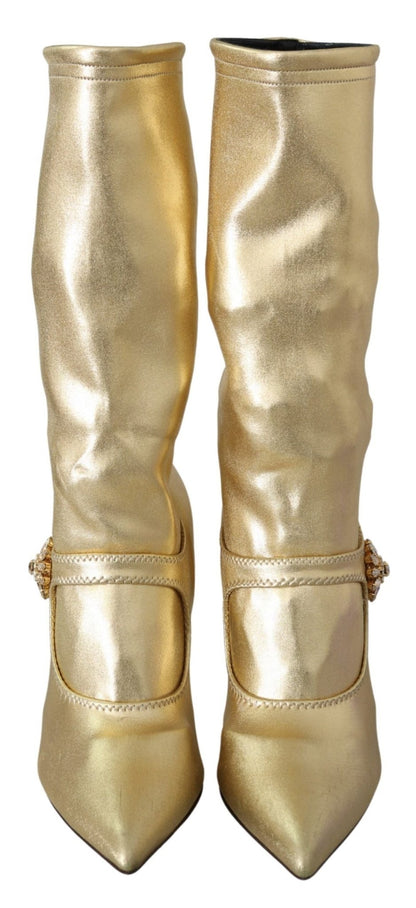 Dolce & Gabbana Elegant Gold Ankle Boots Socks with Rhinestones - Sandy Store ByNet
