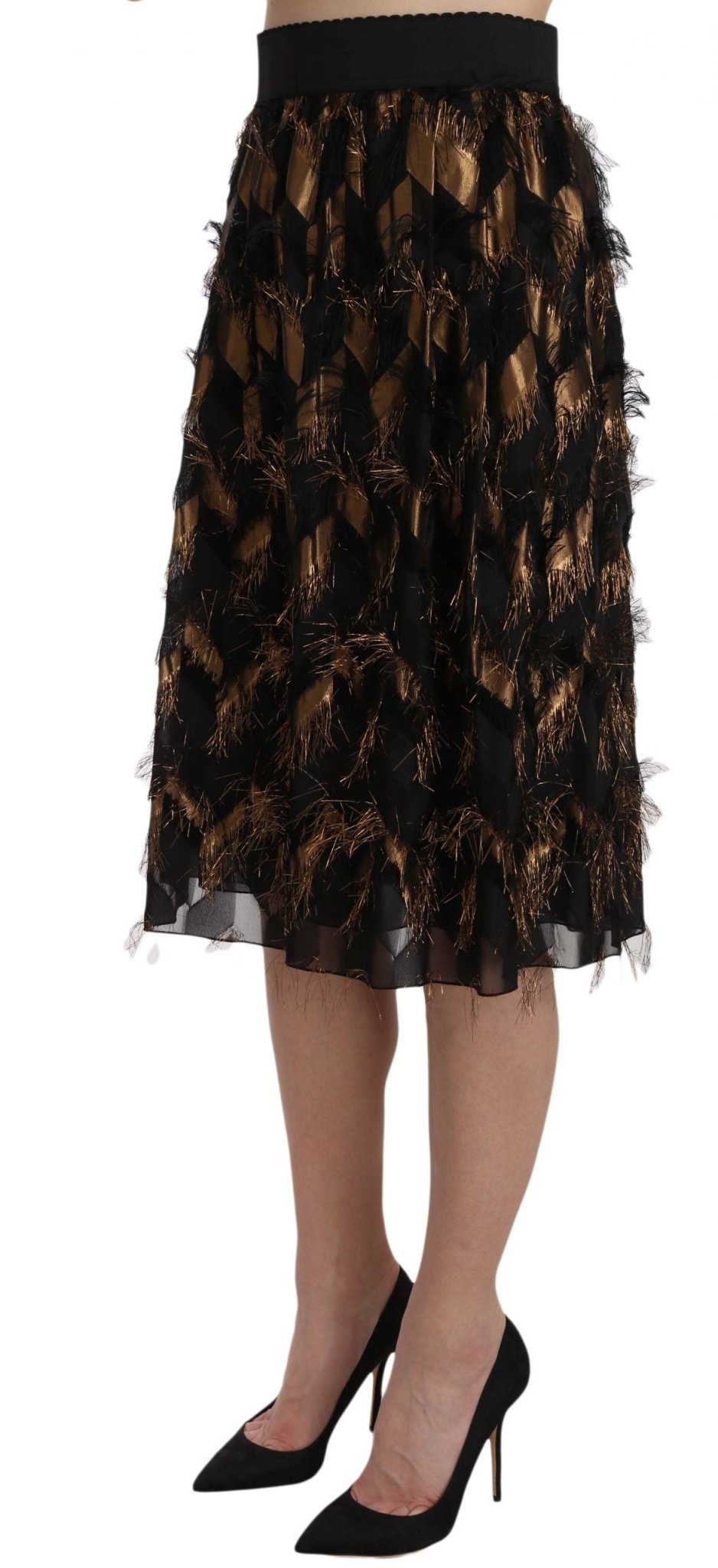 Dolce & Gabbana Elegant Gold Black Silk Blend High Waist Skirt - Sandy Store ByNet