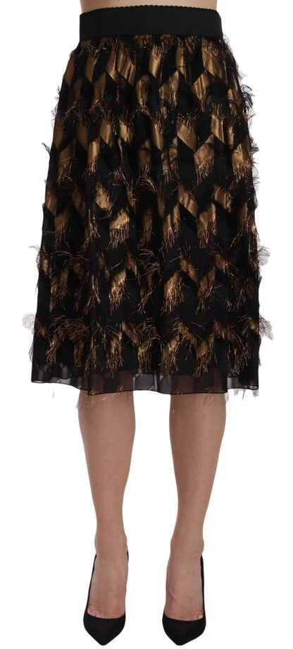 Dolce & Gabbana Elegant Gold Black Silk Blend High Waist Skirt - Sandy Store ByNet