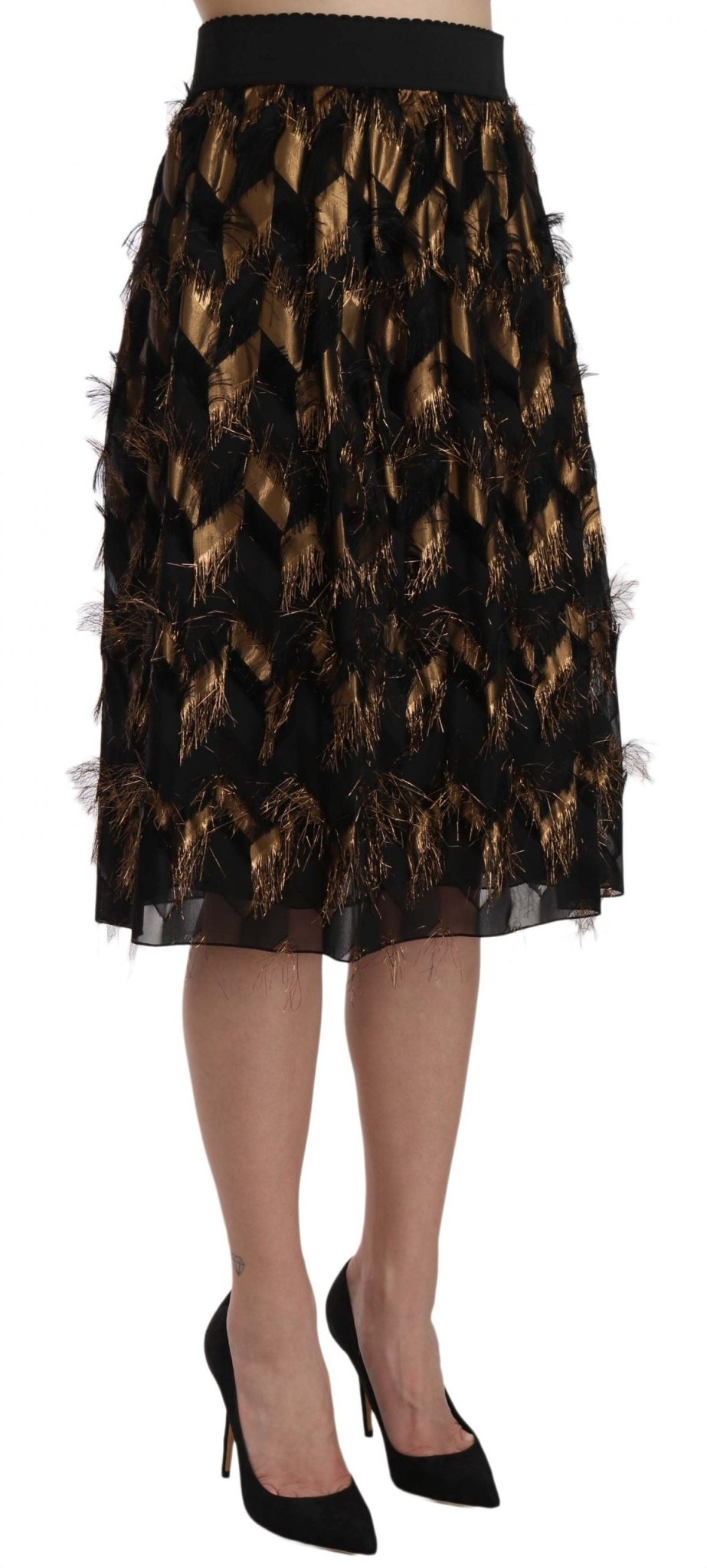 Dolce & Gabbana Elegant Gold Black Silk Blend High Waist Skirt - Sandy Store ByNet