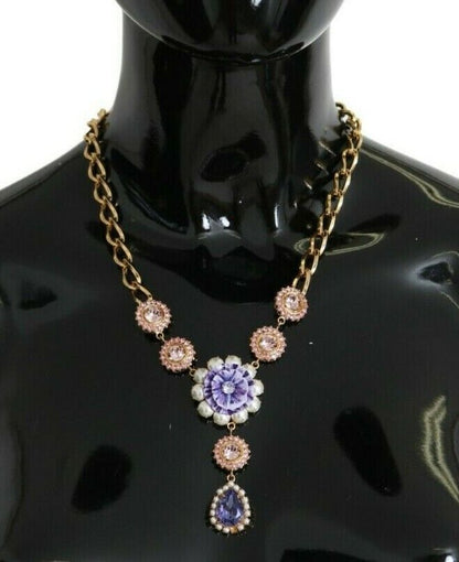 Dolce & Gabbana Elegant Gold Crystal Floral Charm Necklace - Sandy Store ByNet