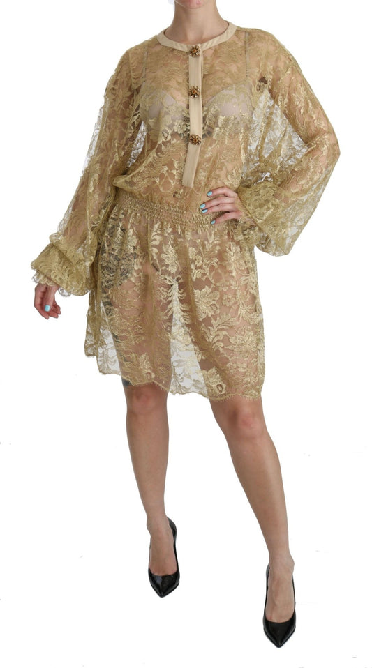 Dolce & Gabbana Elegant Gold Lace A - Line Knee Length Dress - Sandy Store ByNet