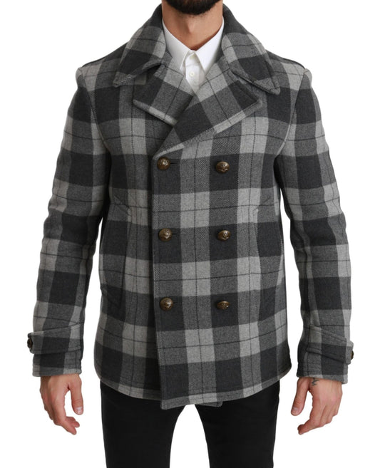 Dolce & Gabbana Elegant Gray Check Double Breasted Coat - Sandy Store ByNet