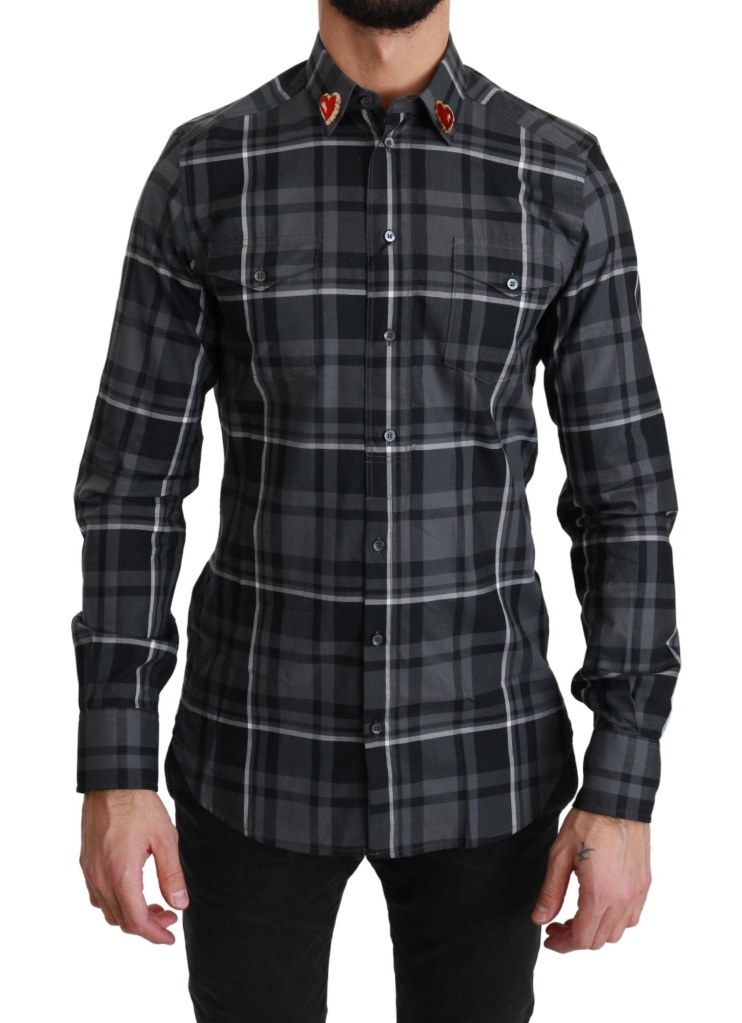 Dolce & Gabbana Elegant Gray Checkered Martini Dress Shirt - Sandy Store ByNet