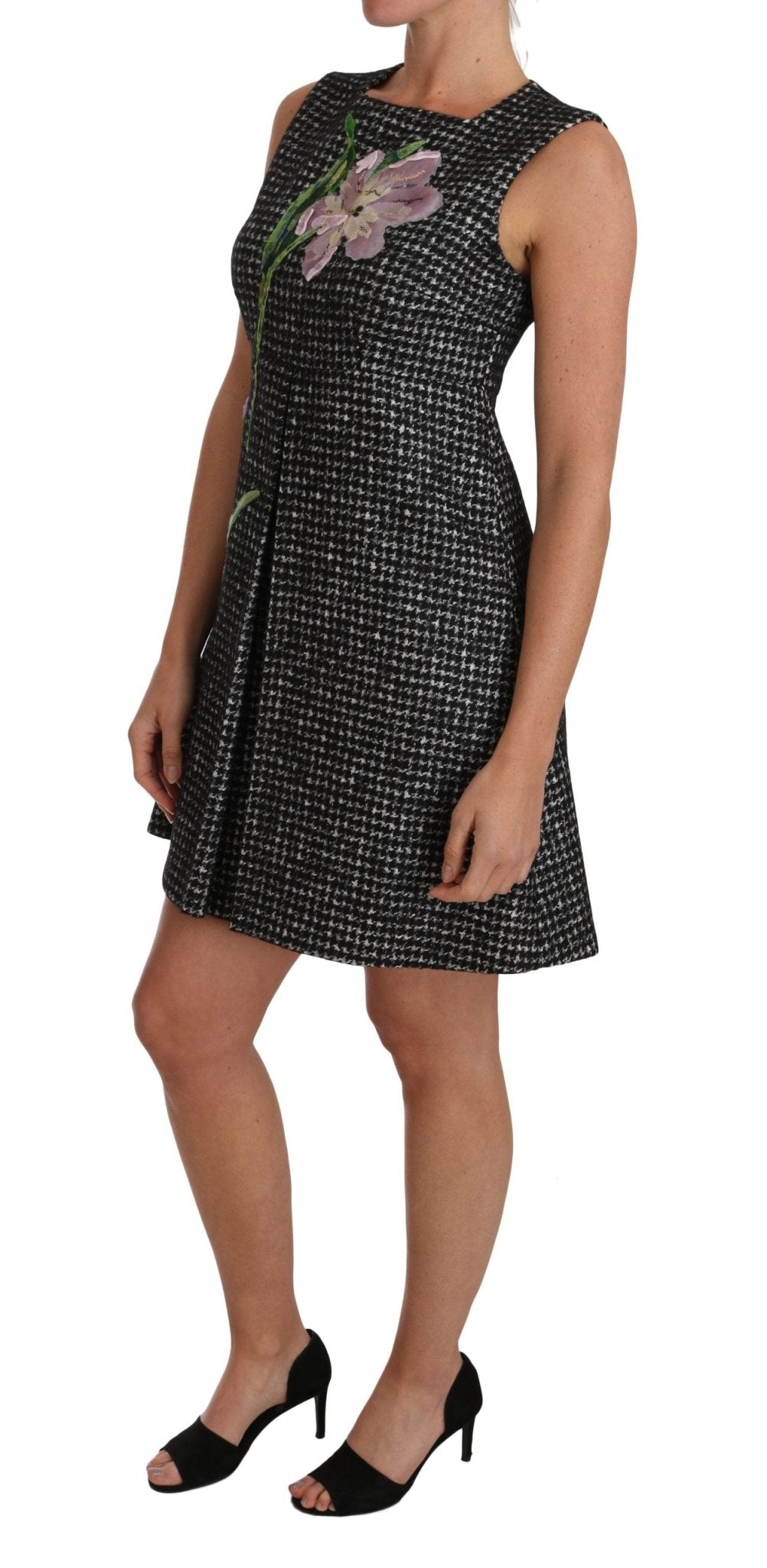 Dolce & Gabbana Elegant Gray Mini A - Line Dress with Purple Tulip - Sandy Store ByNet