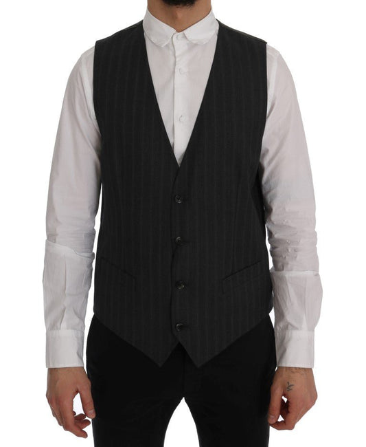 Dolce & Gabbana Elegant Gray Striped Single Breasted Vest - Sandy Store ByNet