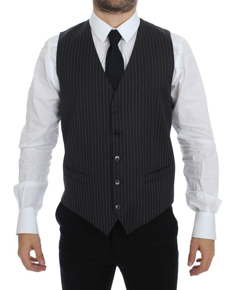 Dolce & Gabbana Elegant Gray Striped Wool Dress Vest - Sandy Store ByNet
