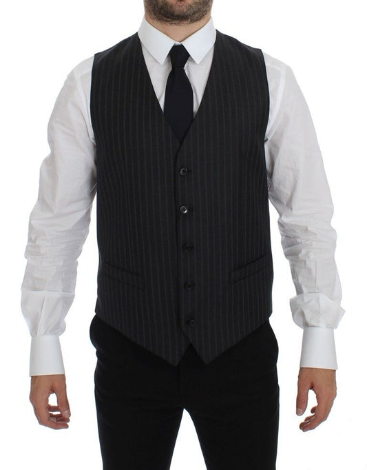 Dolce & Gabbana Elegant Gray Striped Wool Dress Vest - Sandy Store ByNet
