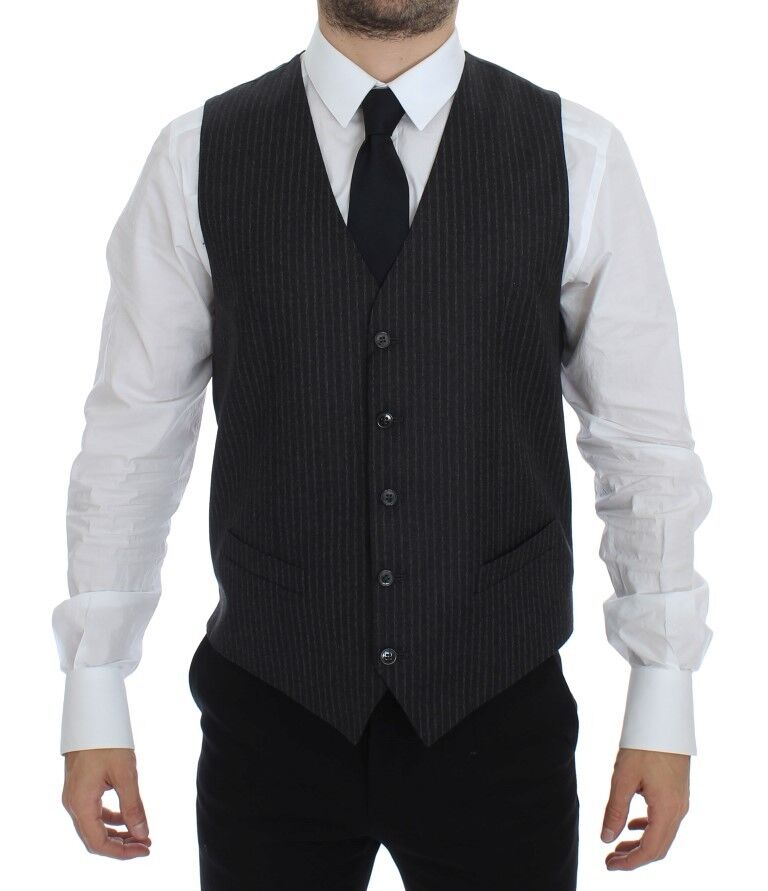 Dolce & Gabbana Elegant Gray Striped Wool Dress Vest - Sandy Store ByNet