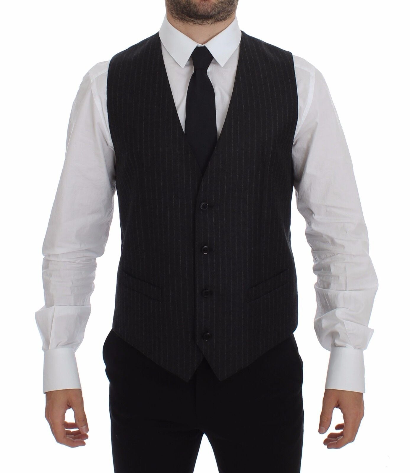 Dolce & Gabbana Elegant Gray Striped Wool Dress Vest - Sandy Store ByNet