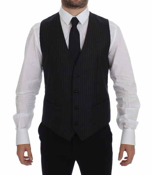 Dolce & Gabbana Elegant Gray Striped Wool Dress Vest - Sandy Store ByNet