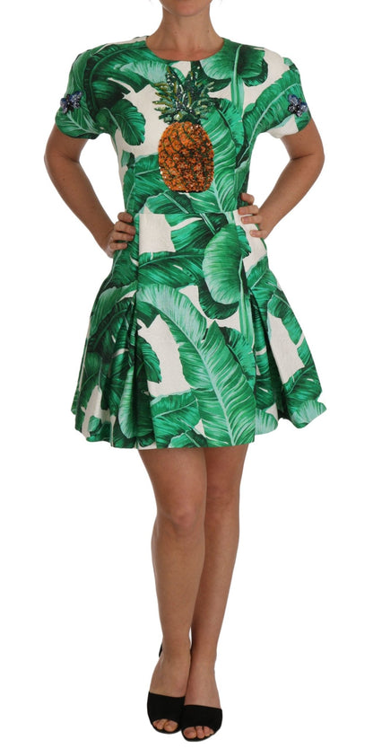 Dolce & Gabbana Elegant Green Banana Leaf Print A - Line Dress - Sandy Store ByNet