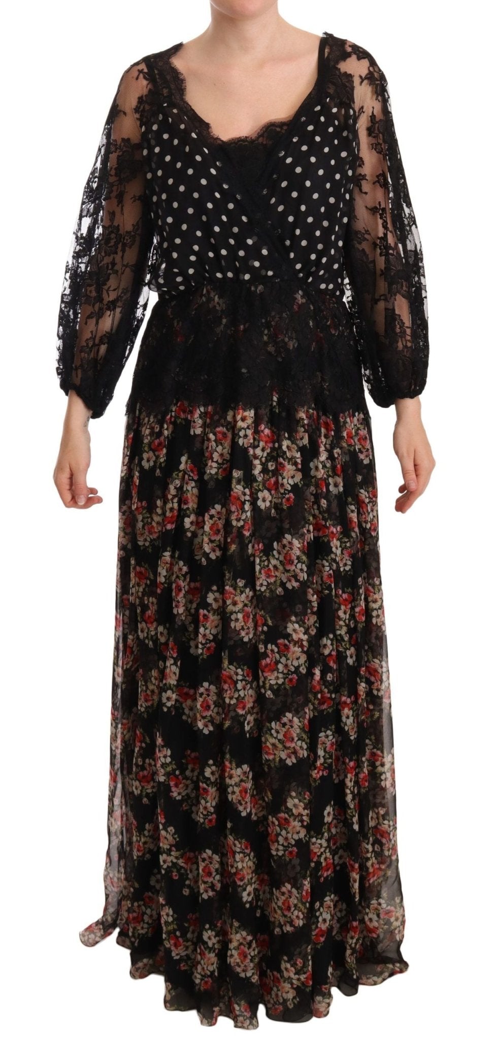 Dolce & Gabbana Elegant Lace Floral Maxi Dress with Polka Dots - Sandy Store ByNet