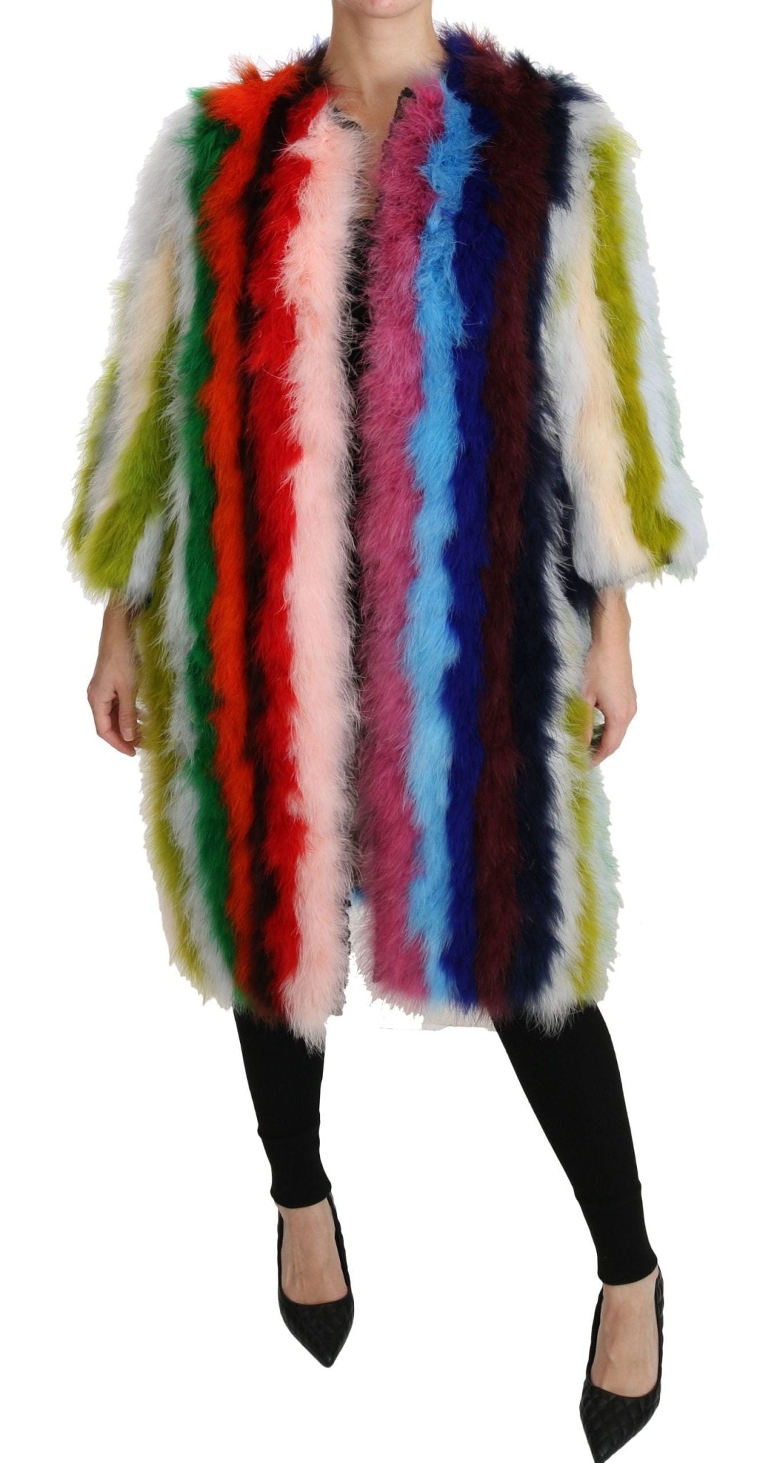 Dolce & Gabbana Elegant Multicolor Feather Long Coat Jacket - Sandy Store ByNet