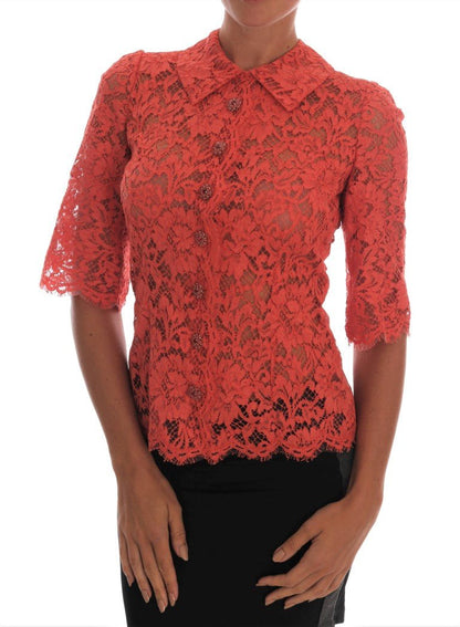 Dolce & Gabbana Elegant Orange Floral Lace Crystal Cardigan Blouse - Sandy Store ByNet