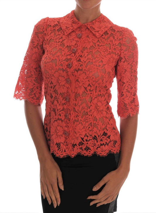 Dolce & Gabbana Elegant Orange Floral Lace Crystal Cardigan Blouse - Sandy Store ByNet