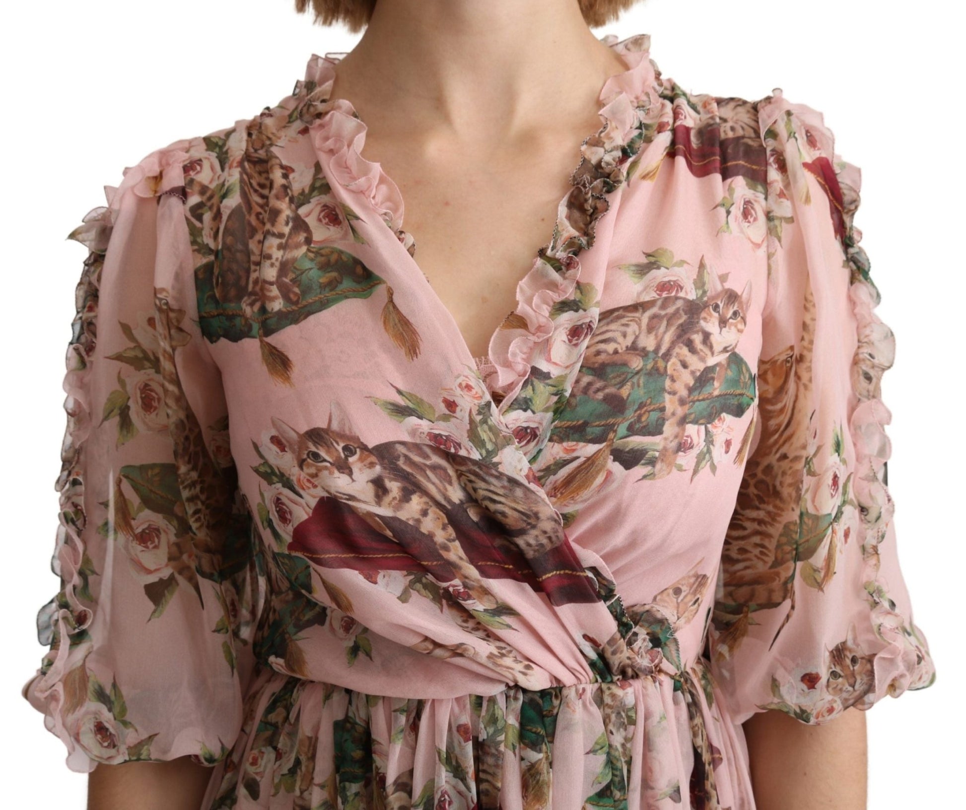 Dolce & Gabbana Elegant Pink Bengal Cat Print A - Line Maxi Dress - Sandy Store ByNet
