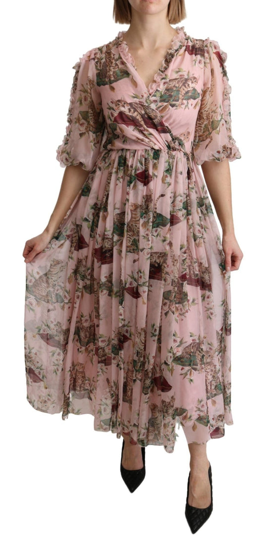 Dolce & Gabbana Elegant Pink Bengal Cat Print A - Line Maxi Dress - Sandy Store ByNet