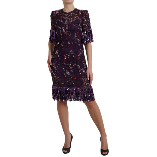 Dolce & Gabbana Elegant Purple Floral Lace Crystal Dress - Sandy Store ByNet
