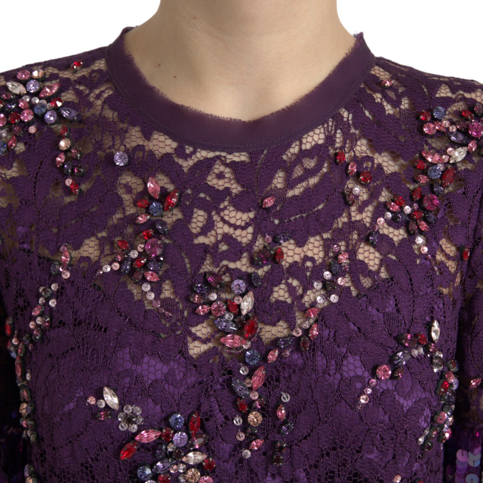 Dolce & Gabbana Elegant Purple Floral Lace Crystal Dress - Sandy Store ByNet