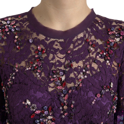 Dolce & Gabbana Elegant Purple Floral Lace Crystal Dress - Sandy Store ByNet