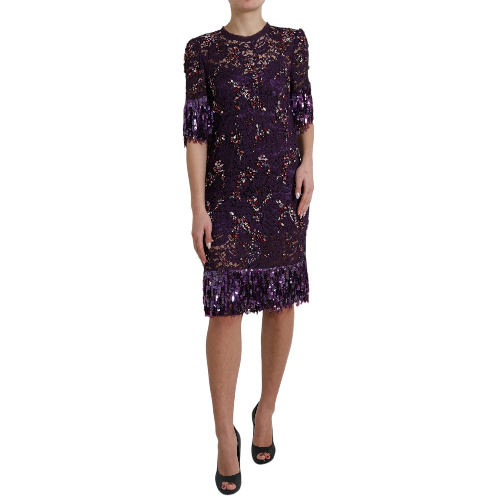 Dolce & Gabbana Elegant Purple Floral Lace Crystal Dress - Sandy Store ByNet