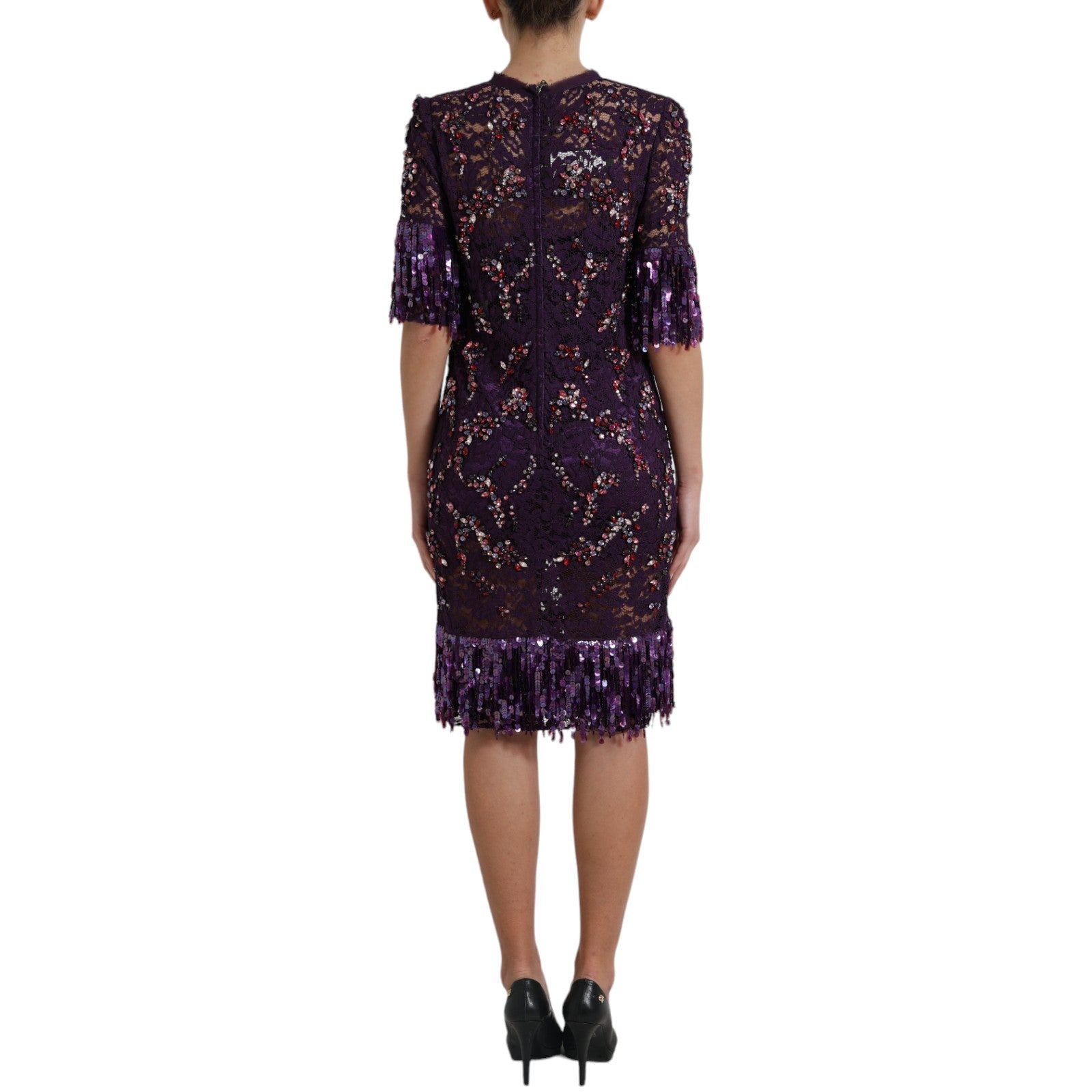 Dolce & Gabbana Elegant Purple Floral Lace Crystal Dress - Sandy Store ByNet
