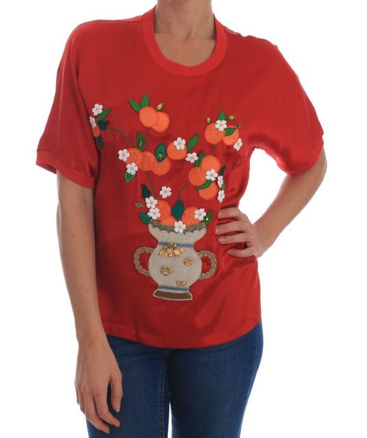 Dolce & Gabbana Elegant Red Silk Crystal - Embellished Blouse - Sandy Store ByNet