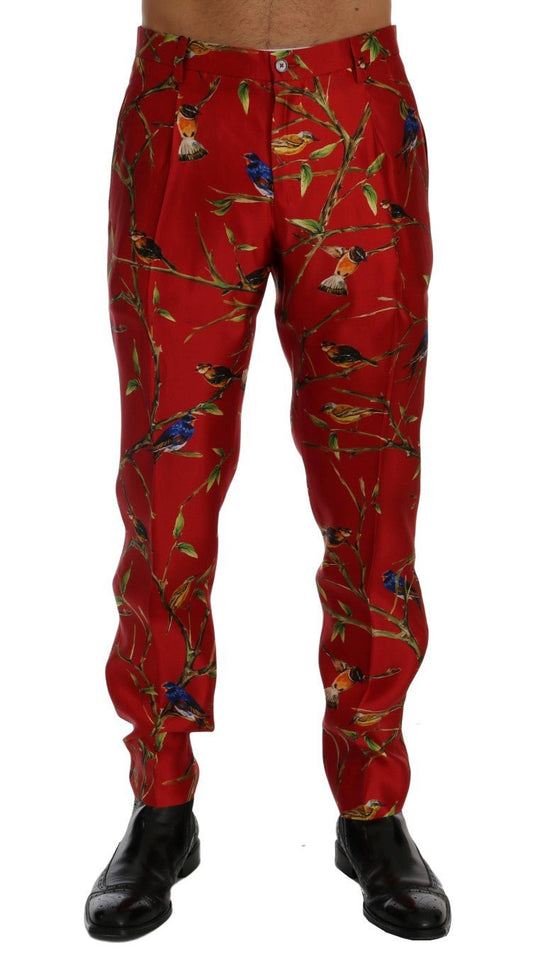Dolce & Gabbana Elegant Silk Dress Trousers in Red Bird Print - Sandy Store ByNet