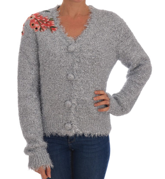 Dolce & Gabbana Elegant Silver Floral Applique Cardigan - Sandy Store ByNet
