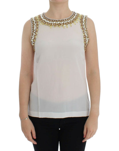 Dolce & Gabbana Elegant Sleeveless Silk Blouse with Crystal Embellishment - Sandy Store ByNet