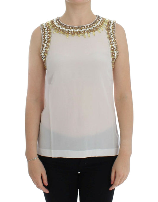 Dolce & Gabbana Elegant Sleeveless Silk Blouse with Crystal Embellishment - Sandy Store ByNet