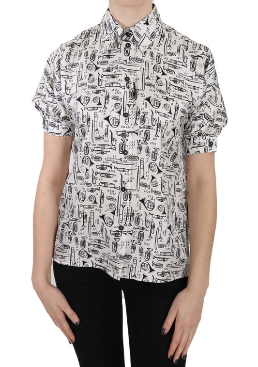 Dolce & Gabbana Elegant Trumpet Print Silk Blouse - Sandy Store ByNet