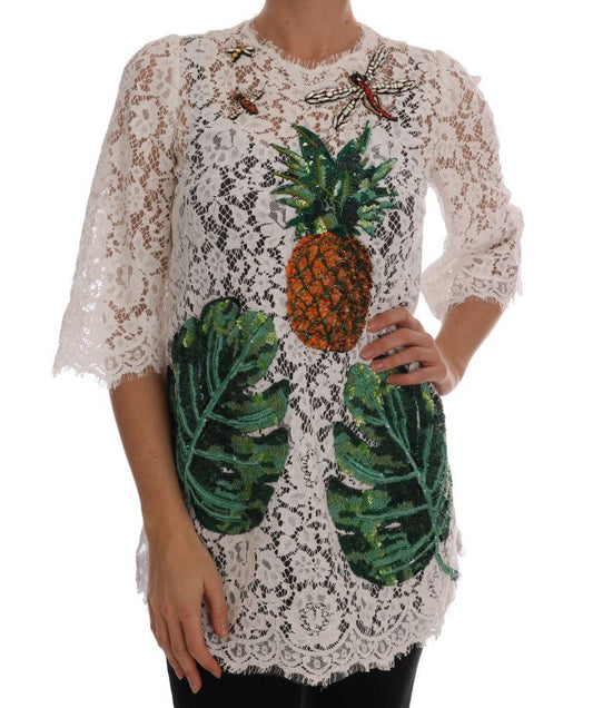 Dolce & Gabbana Elegant White Lace Embellished Mini Blouse - Sandy Store ByNet