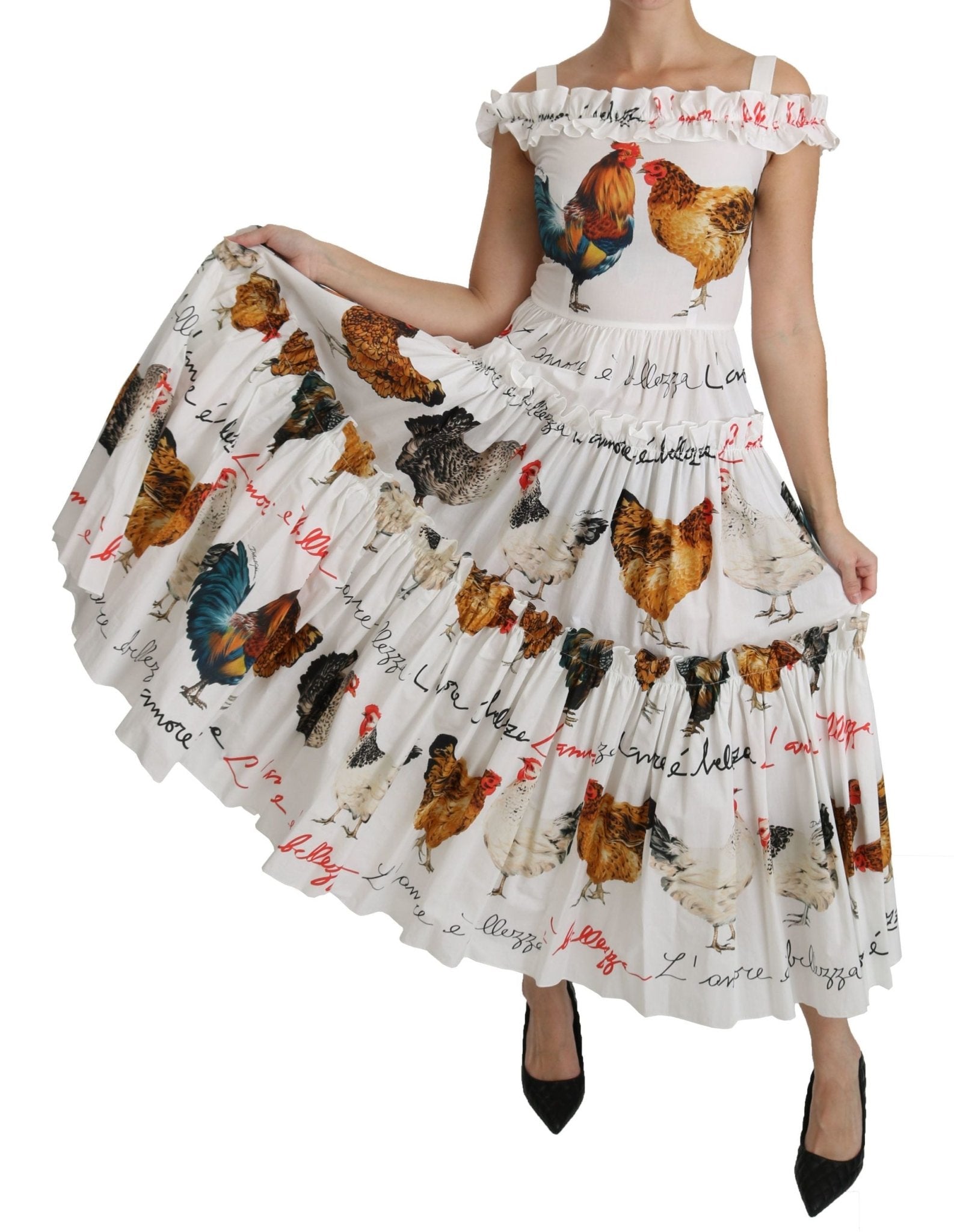 Dolce & Gabbana Elegant White Rooster Print Sheath Midi Dress - Sandy Store ByNet