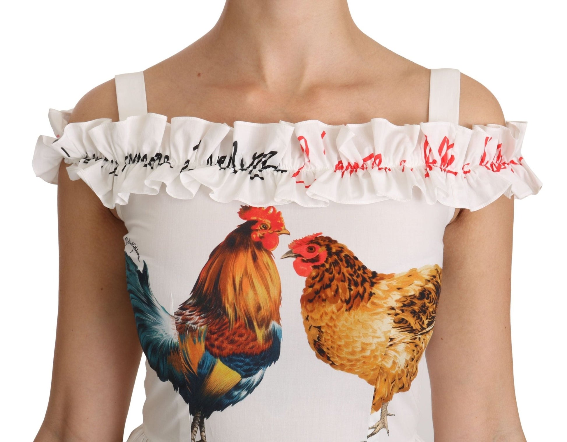 Dolce & Gabbana Elegant White Rooster Print Sheath Midi Dress - Sandy Store ByNet