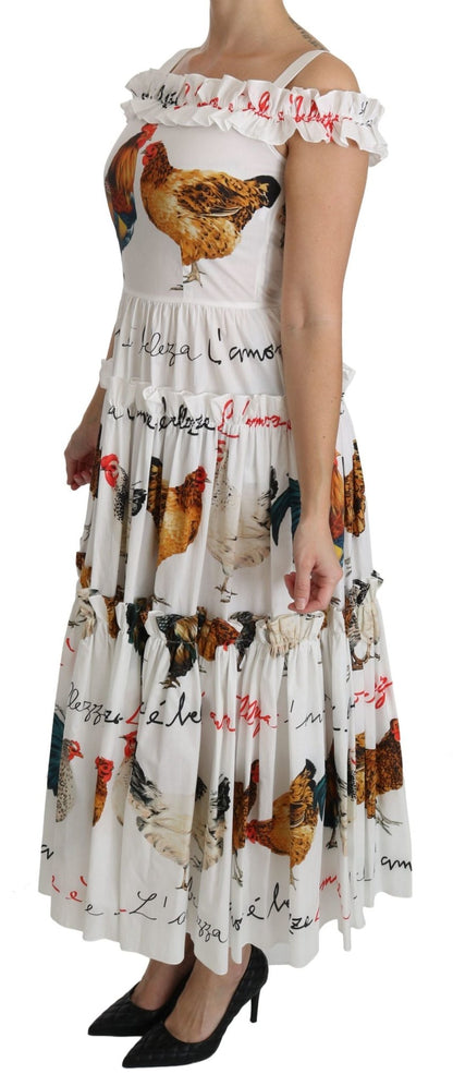 Dolce & Gabbana Elegant White Rooster Print Sheath Midi Dress - Sandy Store ByNet