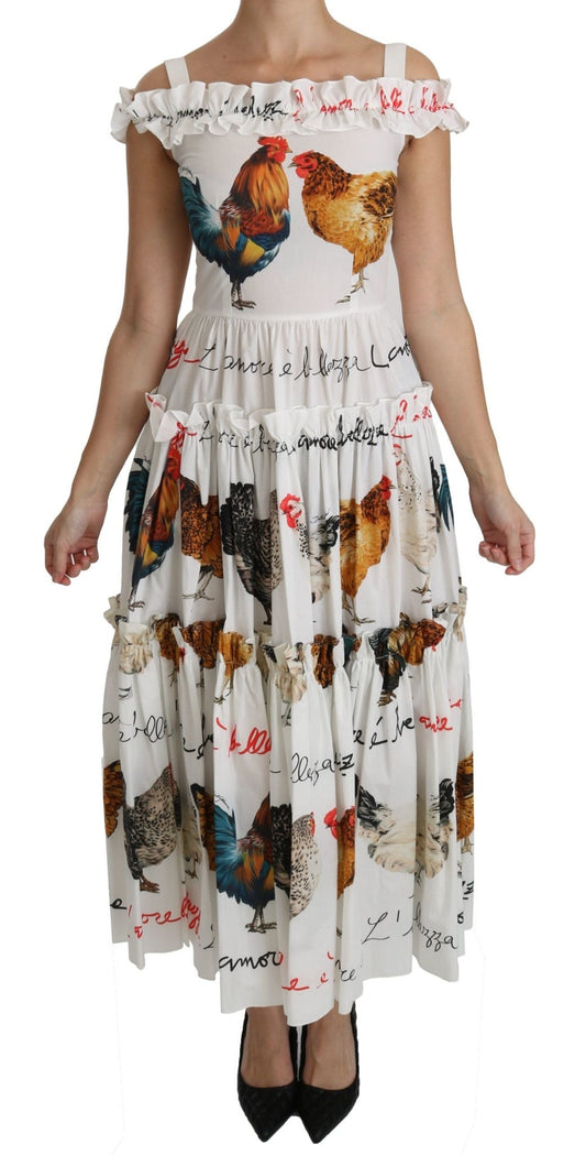 Dolce & Gabbana Elegant White Rooster Print Sheath Midi Dress - Sandy Store ByNet